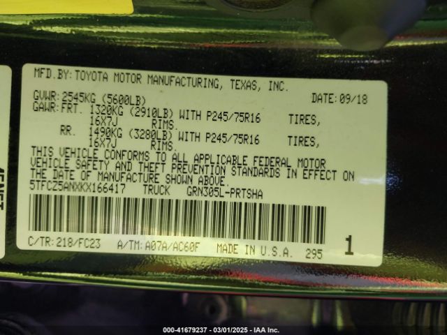 5TFCZ5ANXKX166417 Toyota Tacoma Sr5 V6