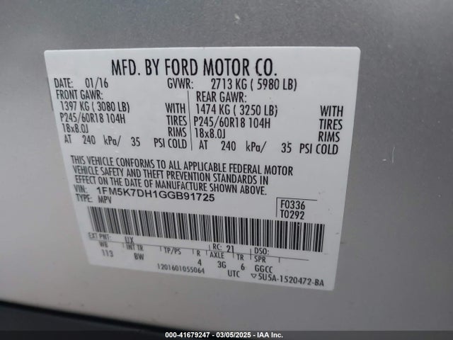 1FM5K7DH1GGB91725 Ford EXPLORER XLT
