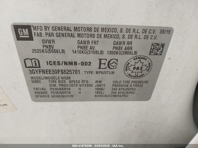 2015 CADILLAC SRX 3GYFNEE39FS625701 Photo 8