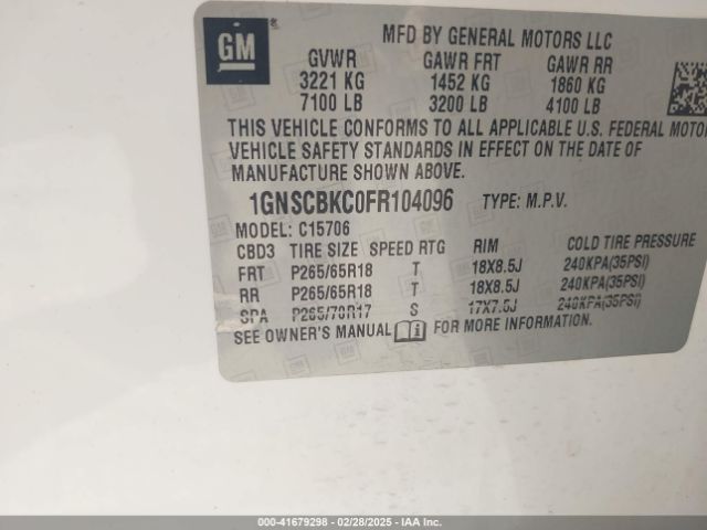 1GNSCBKC0FR104096 Chevrolet Tahoe Lt