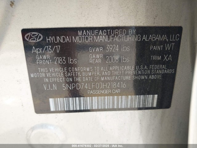 5NPD74LF0JH218416 Hyundai ELANTRA SE