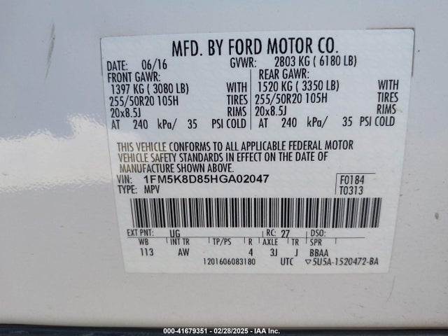 1FM5K8D85HGA02047 Ford EXPLORER XLT