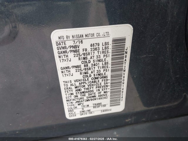 JN8AT2MV9GW149242 Nissan ROGUE S