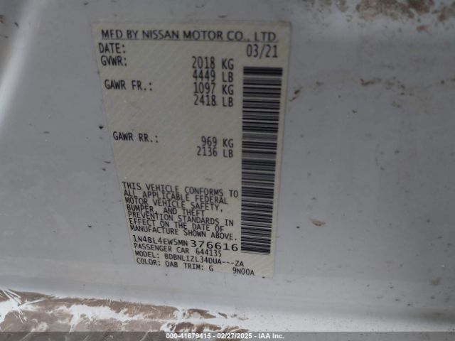 1N4BL4EW5MN376616 Nissan Altima Sl Intelligent Awd