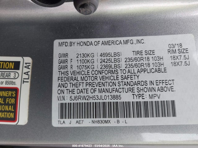 5J6RW2H53JL013885 Honda CR-V EX