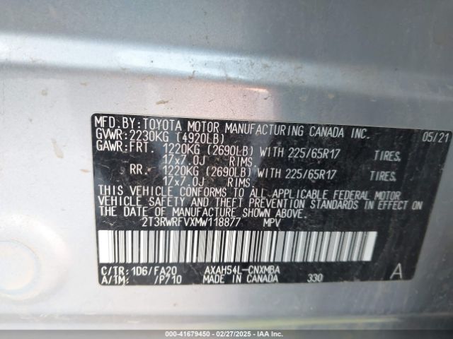 2T3RWRFVXMW118877 Toyota Rav4 Xle Hybrid