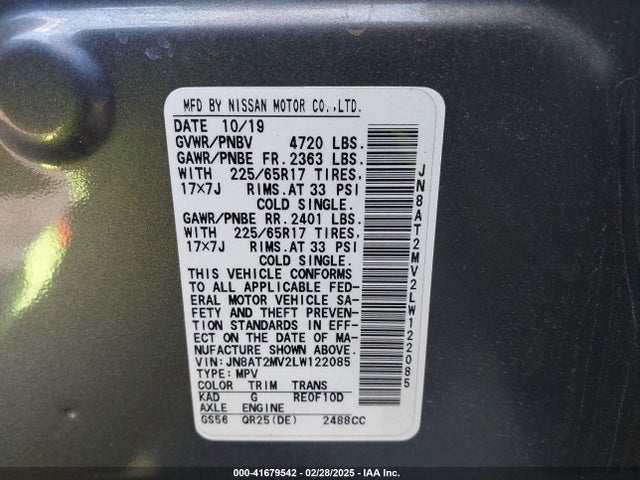 JN8AT2MV2LW122085 Nissan Rogue Sv Intelligent Awd