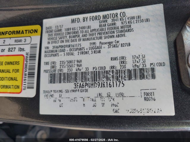 Ford FUSION SE 2018 3FA6P0HD9JR161175 Image 9