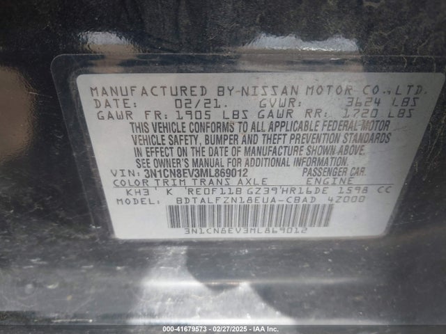 3N1CN8EV3ML869012 Nissan Versa Sv Xtronic Cvt