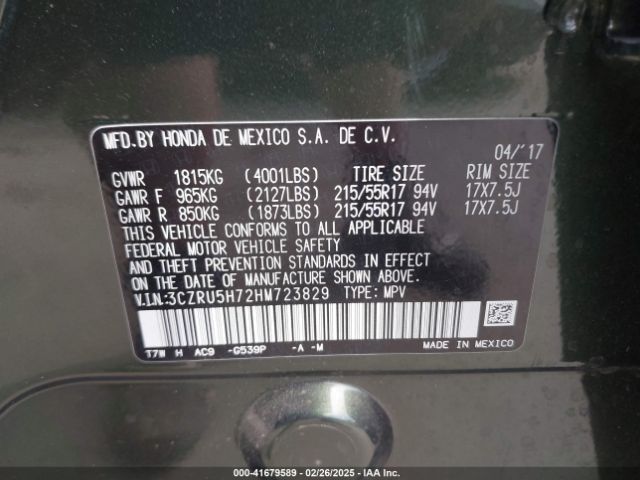 3CZRU5H72HM723829 Honda Hr-v Ex-l