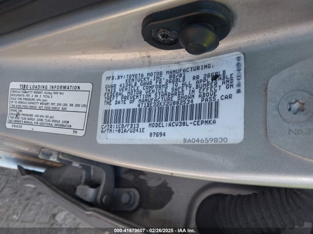 2002 Toyota Camry Le მანქანა იყიდება აუქციონზე, vin: 4T1BE32KX2U002534, აუქციონის ნომერი: 41679607