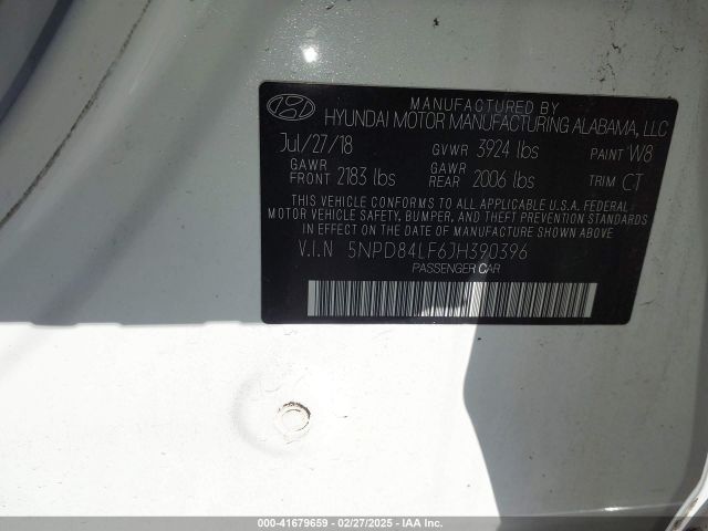 5NPD84LF6JH390396 Hyundai ELANTRA SEL