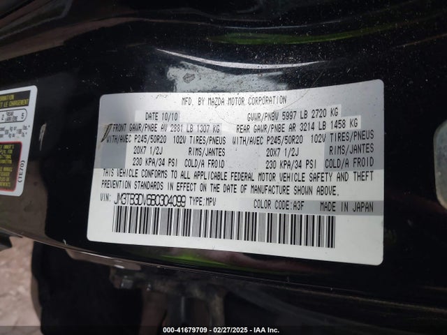 Aukcja sprzedaży 2011 Mazda Cx-9 Grand Touring, vin: JM3TB3DV6B0304099, numer aukcji: 41679709