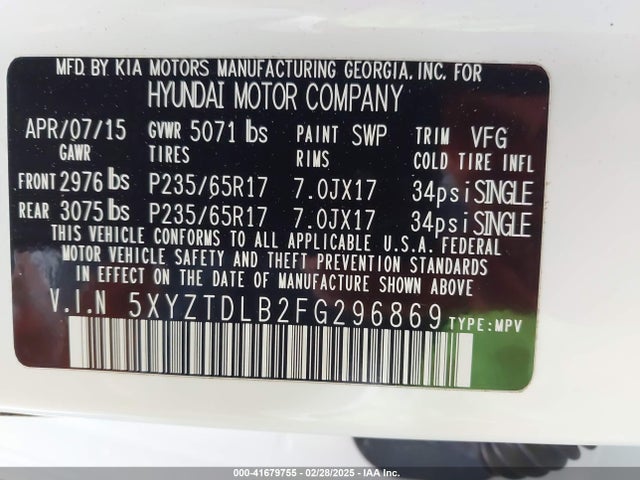 5XYZTDLB2FG296869 Hyundai Santa Fe Sport 2.4l
