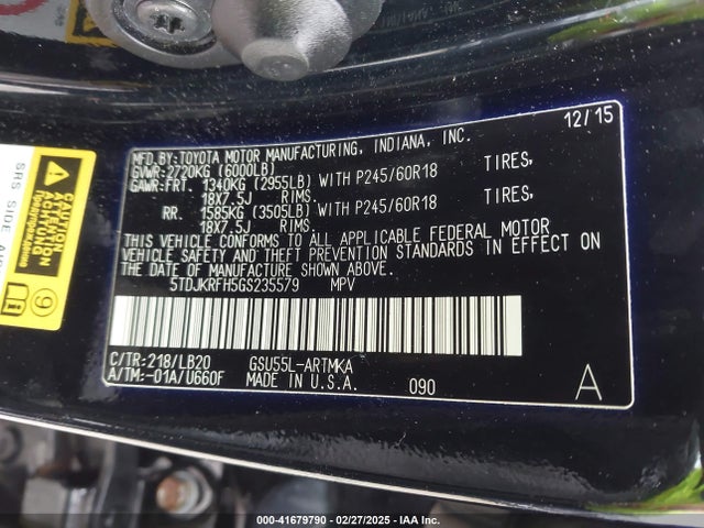 Toyota Highlander Xle V6 2016 5TDJKRFH5GS235579 Image 9