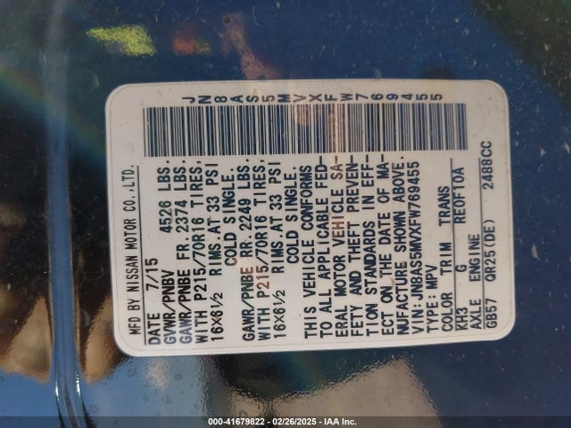 JN8AS5MVXFW769455 Nissan Rogue Select S