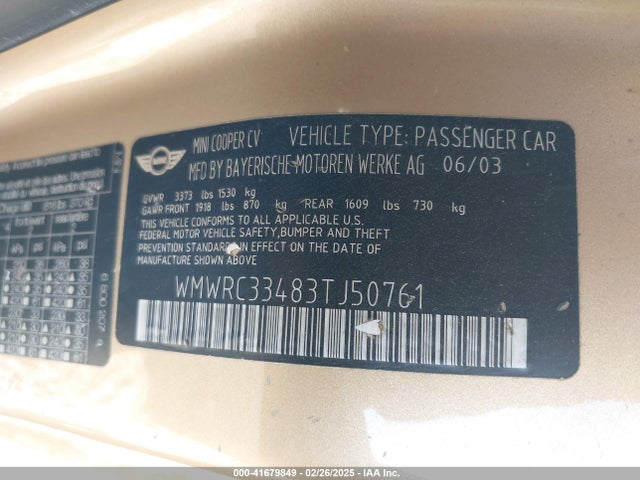 2003 MINI COOPER WMWRC33483TJ50761 Photo 8