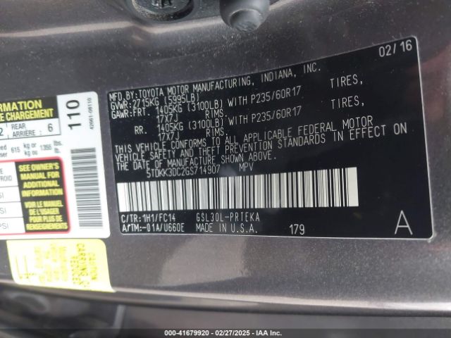 5TDKK3DC2GS714907 Toyota Sienna Le 8 Passenger