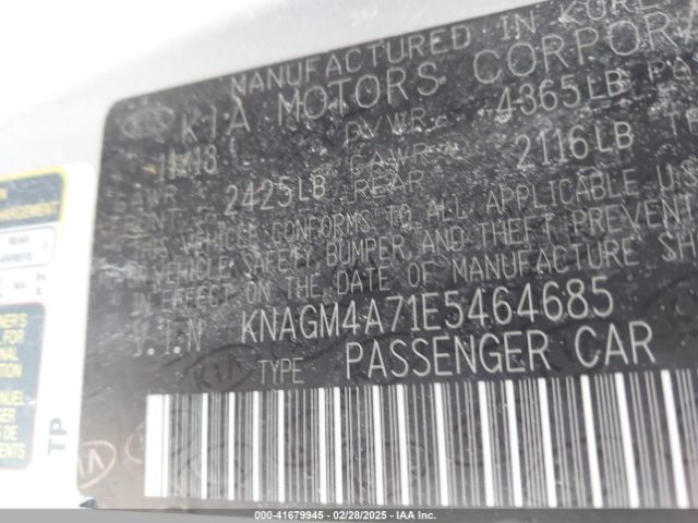 KNAGM4A71E5464685 KIA Optima Lx