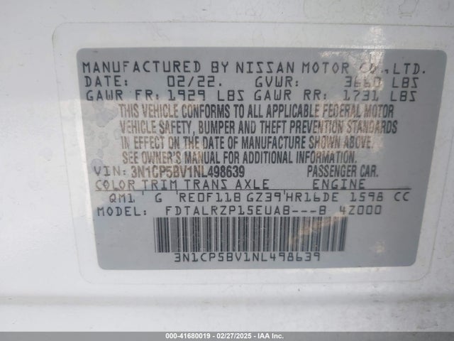 3N1CP5BV1NL498639 Nissan Kicks S Xtronic Cvt