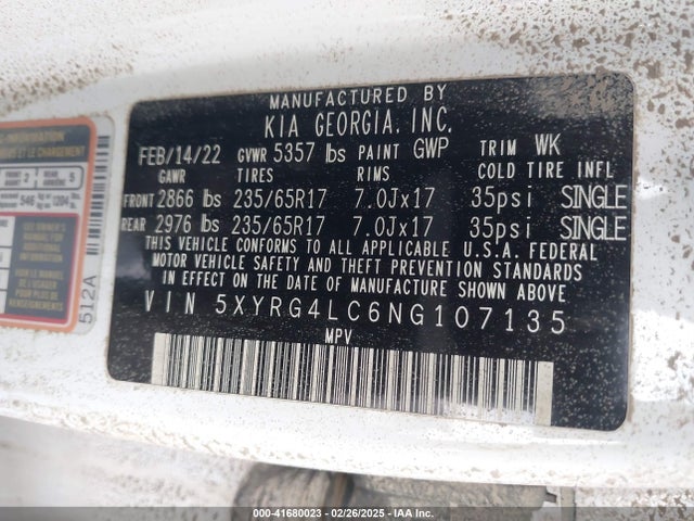 5XYRG4LC6NG107135 KIA SORENTO LX