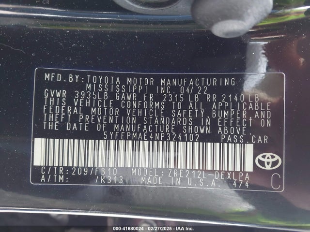 5YFEPMAE4NP324102 Toyota COROLLA LE
