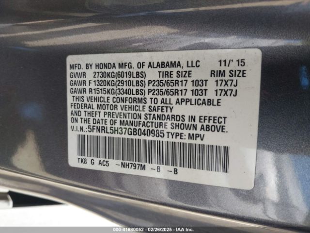 5FNRL5H37GB040985 Honda ODYSSEY SE