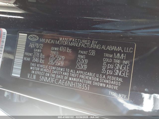 5NMJFCAE6NH118351 Hyundai TUCSON SEL