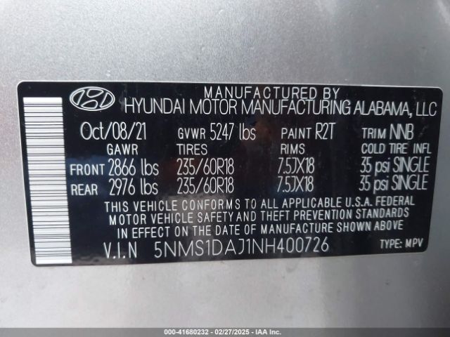 5NMS1DAJ1NH400726 Hyundai Santa Fe Se