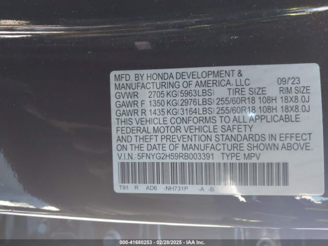 5FNYG2H59RB003391 Honda Pilot Ex-l 7 Passenger