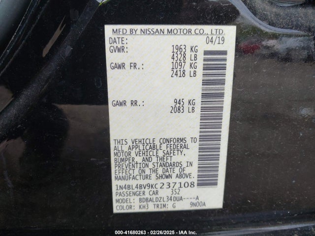 Aukcja sprzedaży 2019 Nissan Altima 2.5 S, vin: 1N4BL4BV9KC237108, numer aukcji: 41680263