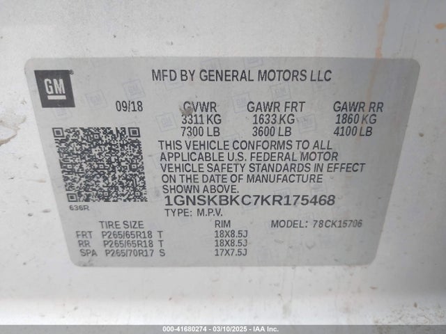 1GNSKBKC7KR175468 Chevrolet Tahoe Lt