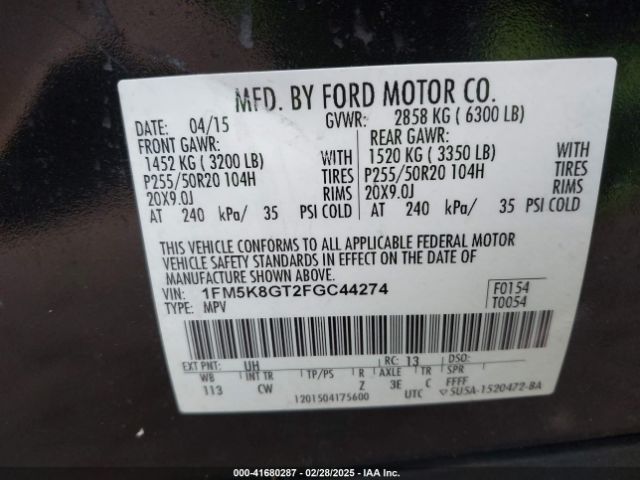 1FM5K8GT2FGC44274 Ford EXPLORER SPORT