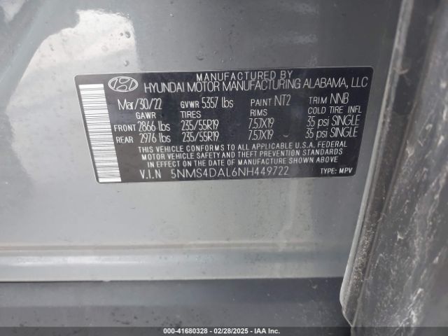 5NMS4DAL6NH449722 Hyundai Santa Fe Limited