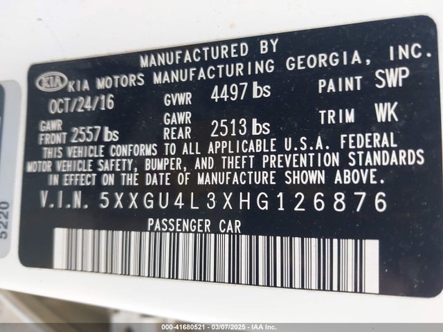 5XXGU4L3XHG126876 KIA OPTIMA EX