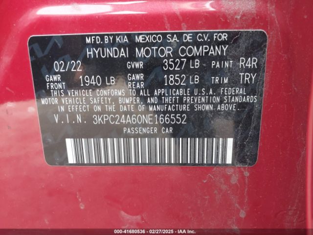 3KPC24A60NE166552 Hyundai ACCENT SE