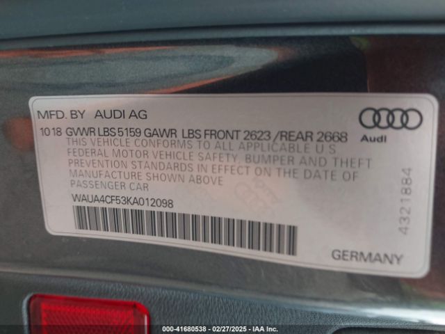 WAUA4CF53KA012098 Audi S5 3.0t Premium