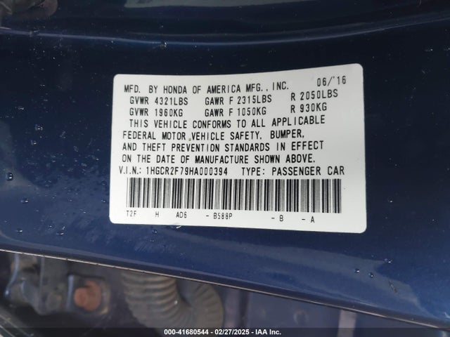Honda ACCORD EX 2017 1HGCR2F79HA000394 Image 9