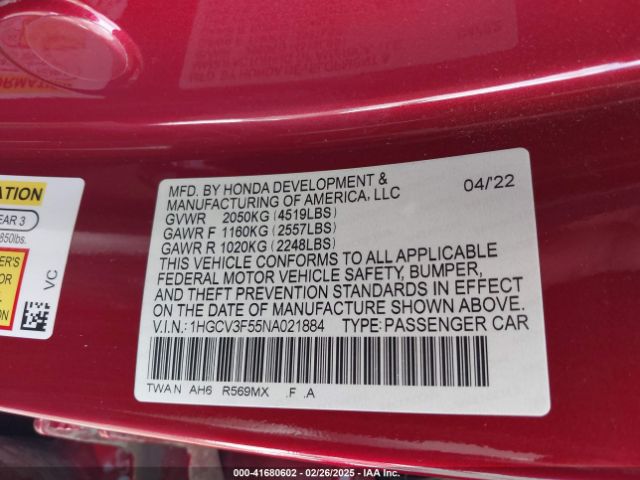 1HGCV3F55NA021884 Honda Accord Hybrid Ex-l