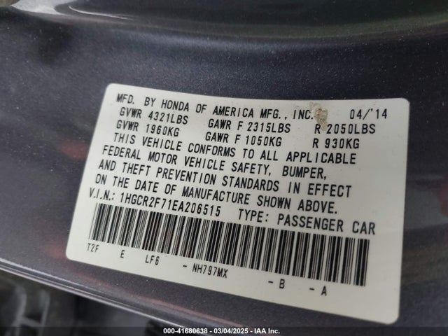 Honda ACCORD EX 2014 1HGCR2F71EA206515 Image 9