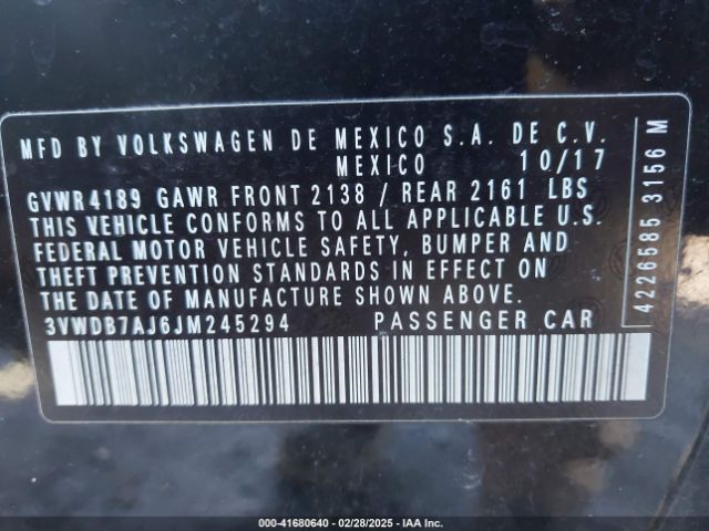 3VWDB7AJ6JM245294 Volkswagen Jetta 1.4t Se/1.4t Wolfsburg Edition