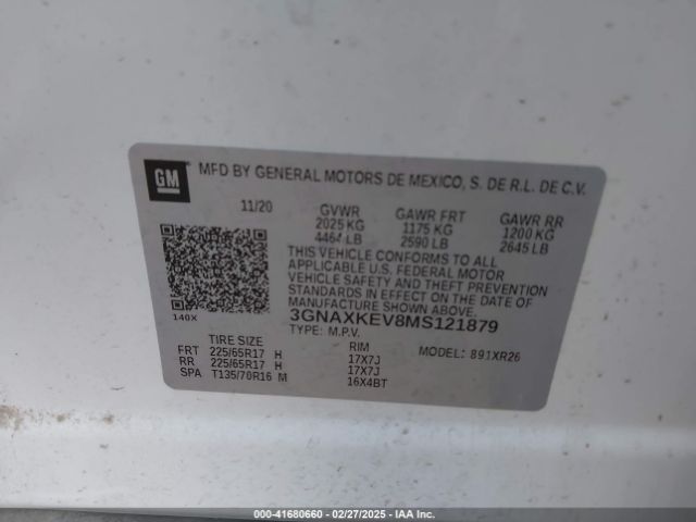 3GNAXKEV8MS121879 Chevrolet Equinox Fwd Lt