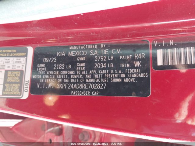 3KPF24AD8RE702827 KIA Forte Lxs