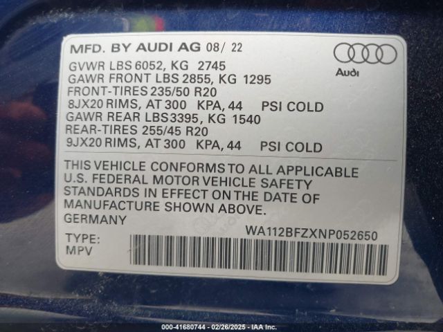 WA112BFZXNP052650 Audi Q4 Sportback E-tron Prestige 50 Quattro