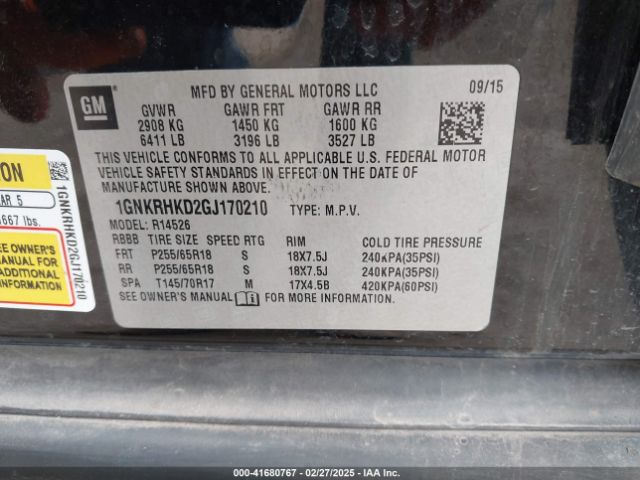 1GNKRHKD2GJ170210 Chevrolet Traverse 2lt