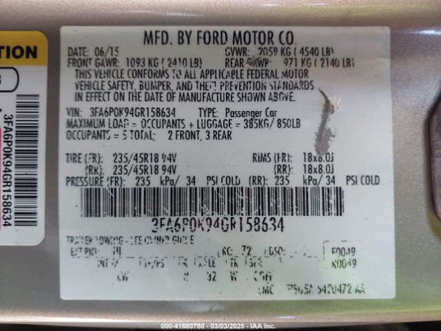 3FA6P0K94GR158634 Ford Fusion Titanium