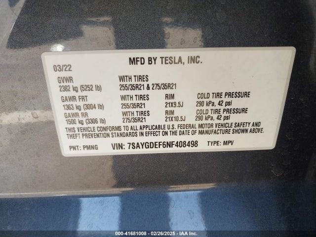 2022 TESLA MODEL Y 7SAYGDEF6NF408498 Photo 8