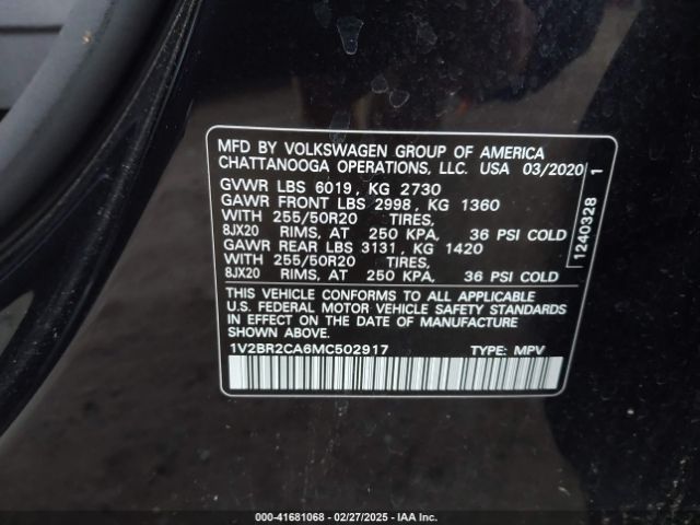 1V2BR2CA6MC502917 Volkswagen Atlas 3.6l V6 Sel