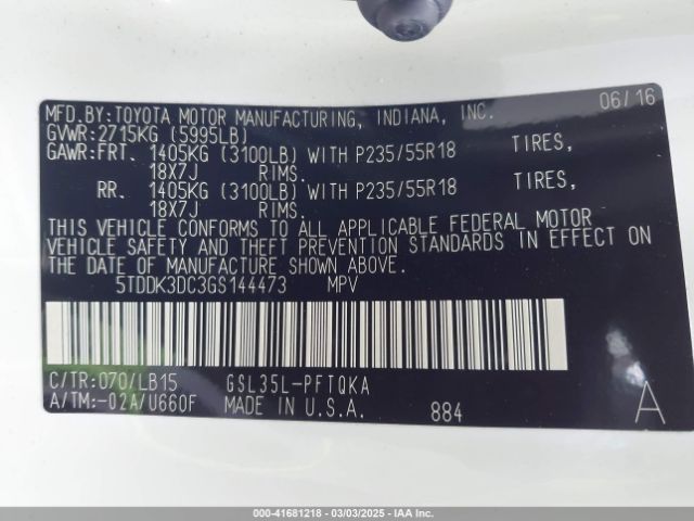 5TDDK3DC3GS144473 Toyota Sienna Limited 7 Passenger