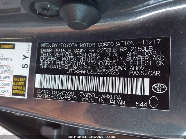 JTDKBRFU6J3582025 Toyota Prius Four/four Touring/one/three/three Touring/two/two Eco